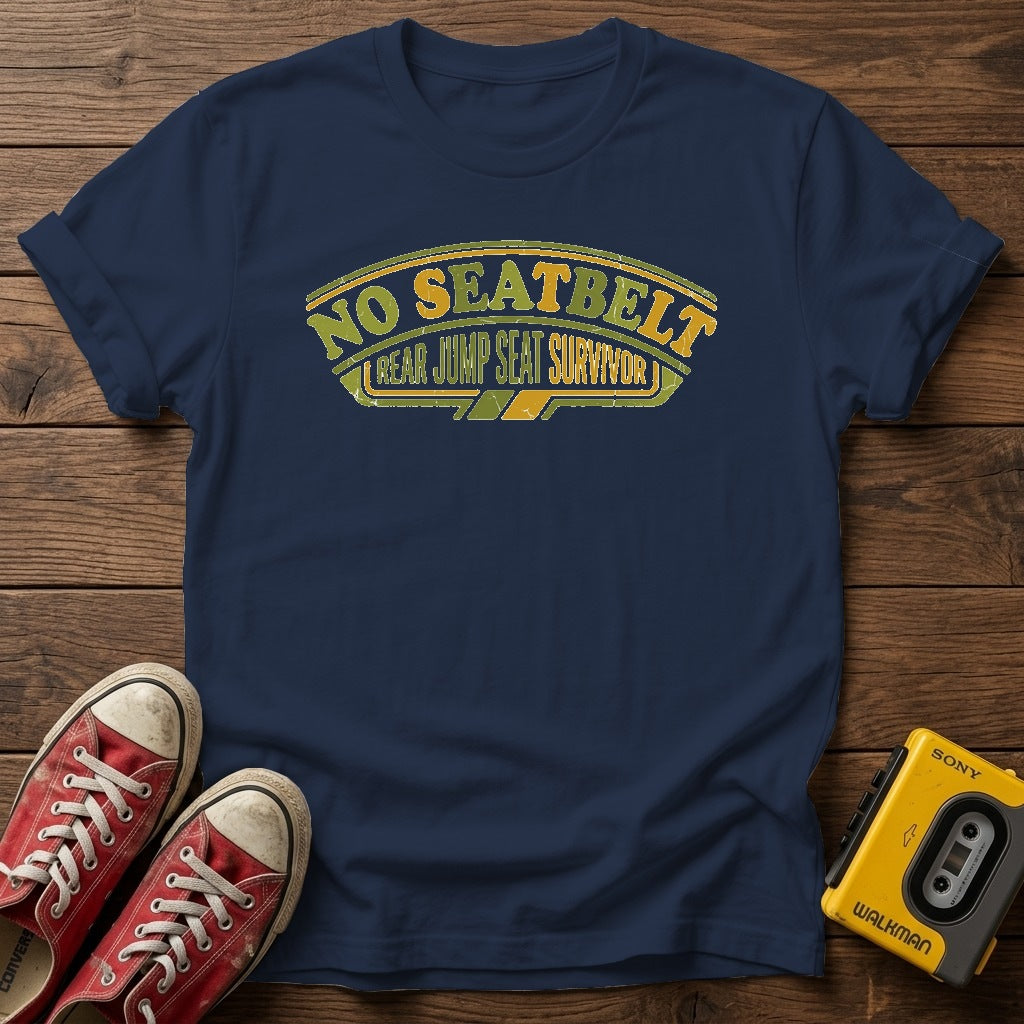 No Seatbelt - Rear Jump Seat Survivor T-Shirt — Navy wood flat-lay