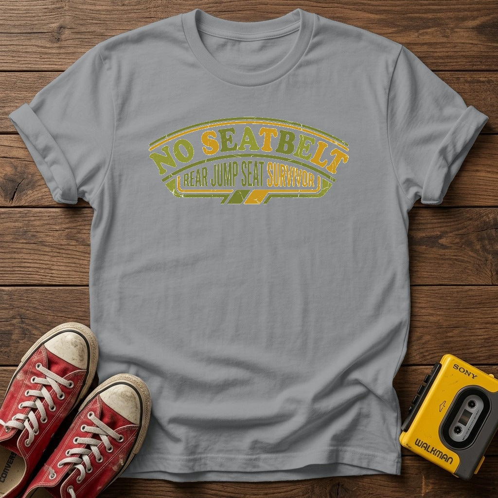 No Seatbelt - Rear Jump Seat Survivor T-Shirt — Sport Grey wood flat-lay