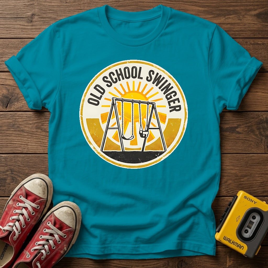 Old School Swinger Graphic T-Shirt — Tropical Blue wood flat-lay