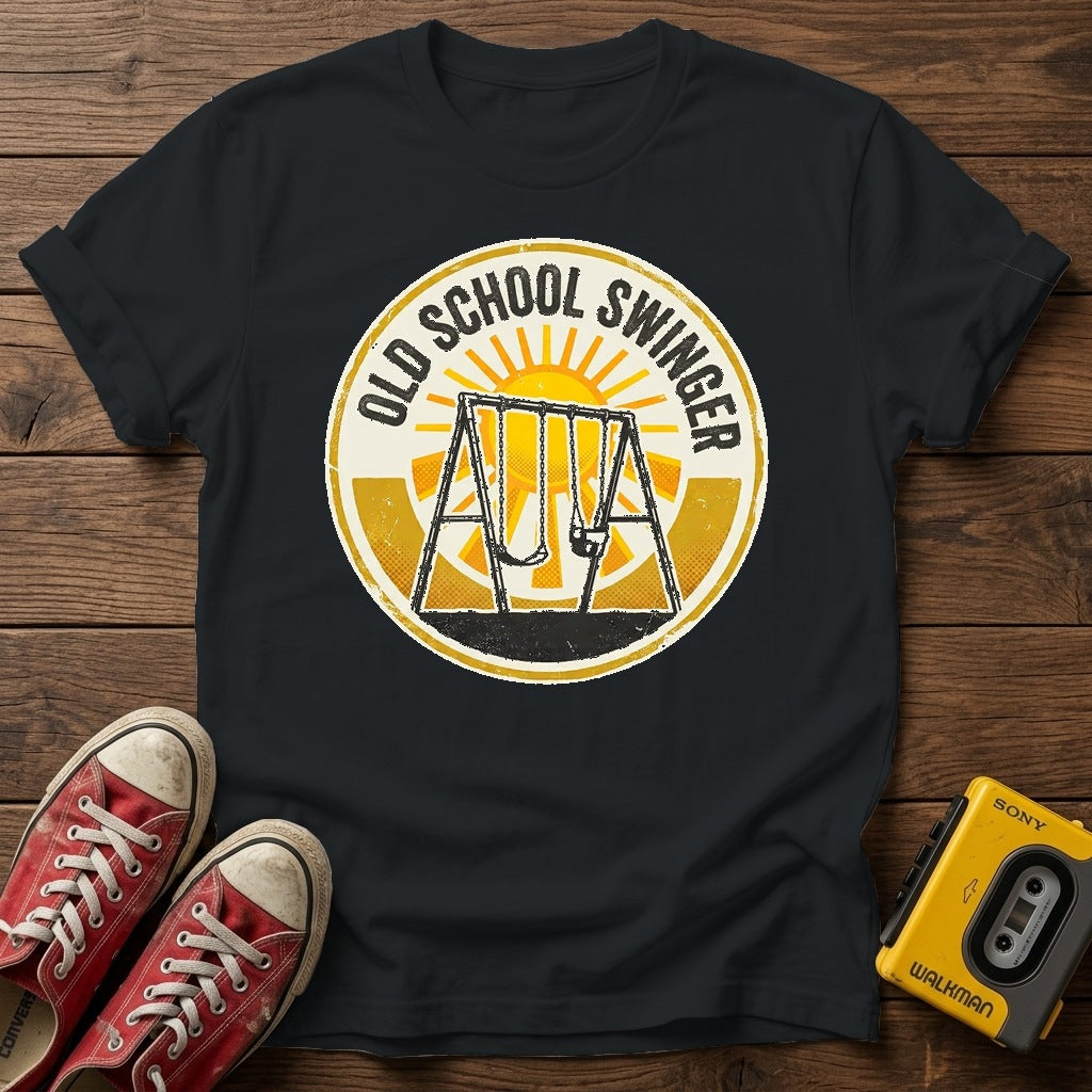 Old School Swinger T-Shirt — Black wood flat-lay