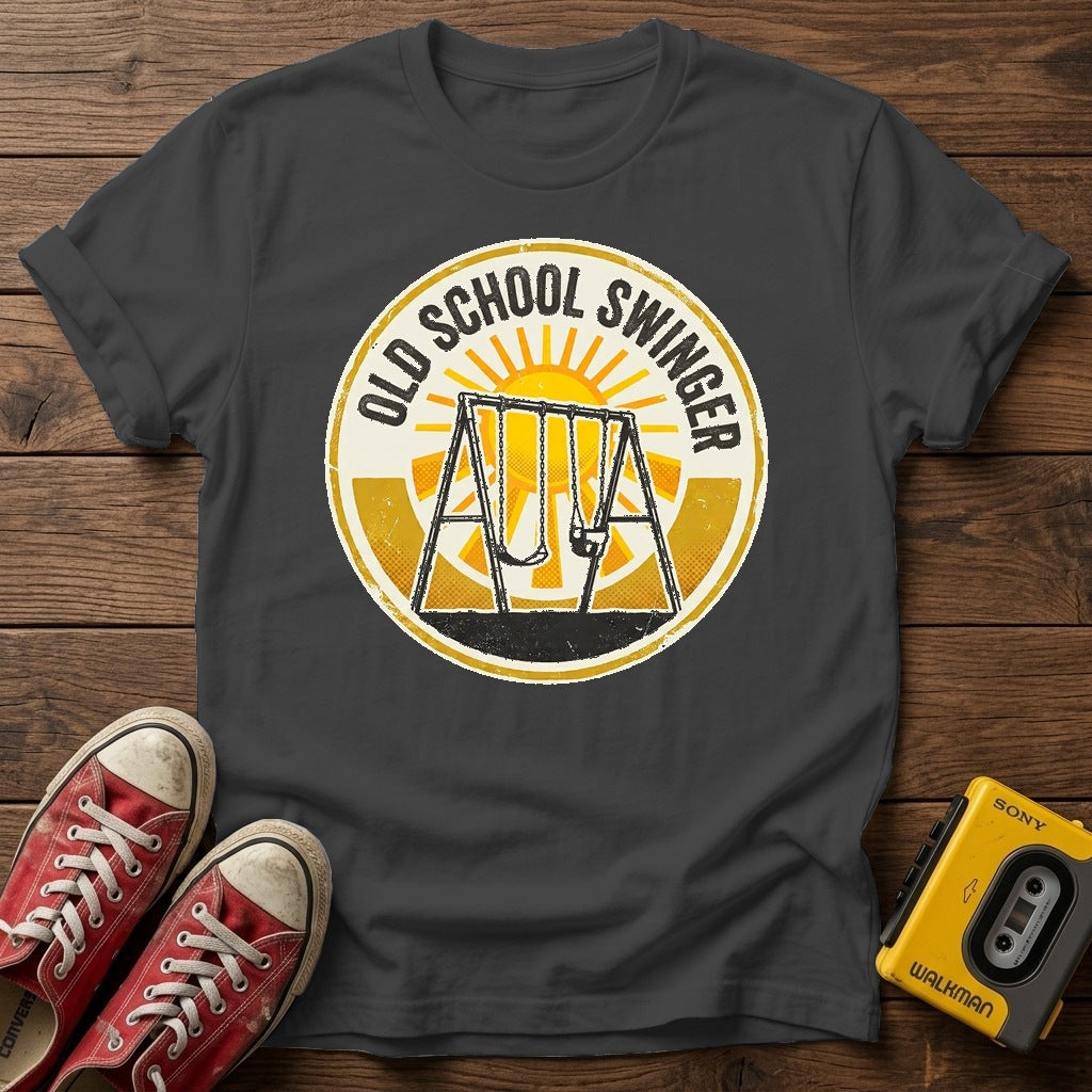 Old School Swinger T-Shirt — Dark Heather wood flat-lay