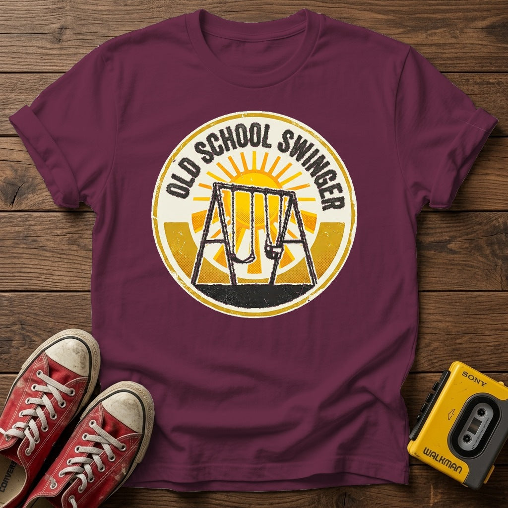 Old School Swinger T-Shirt — Heather Maroon wood flat-lay