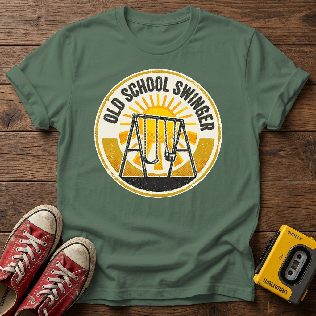 Old School Swinger T-Shirt — Military Green wood flat-lay