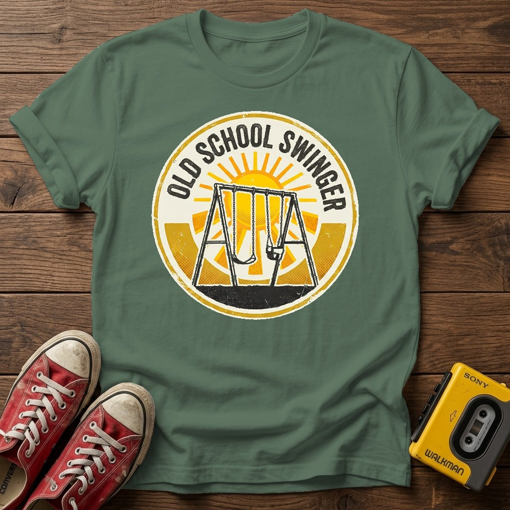 Old School Swinger T-Shirt — Military Green wood flat-lay