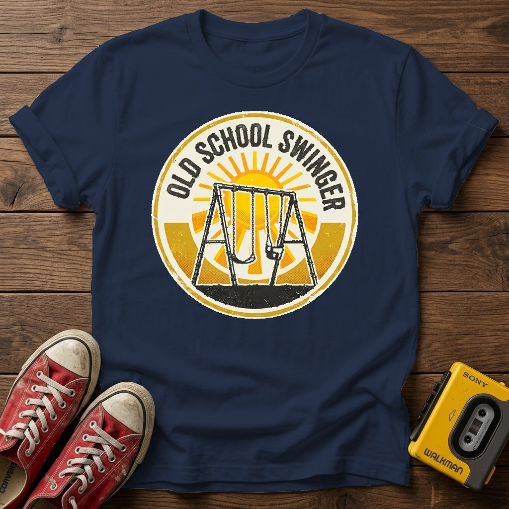 Old School Swinger T-Shirt — Navy wood flat-lay
