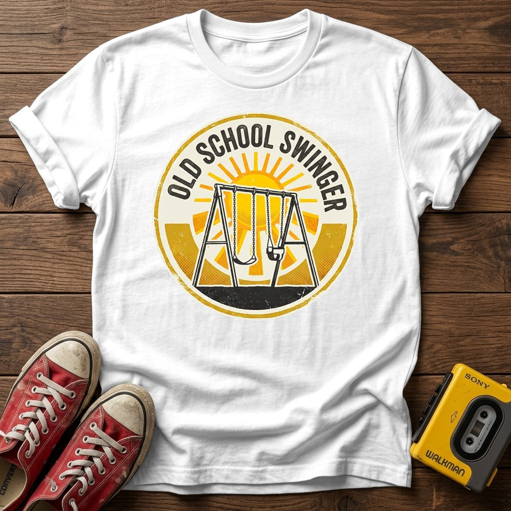 Old School Swinger T-Shirt — White wood flat-lay
