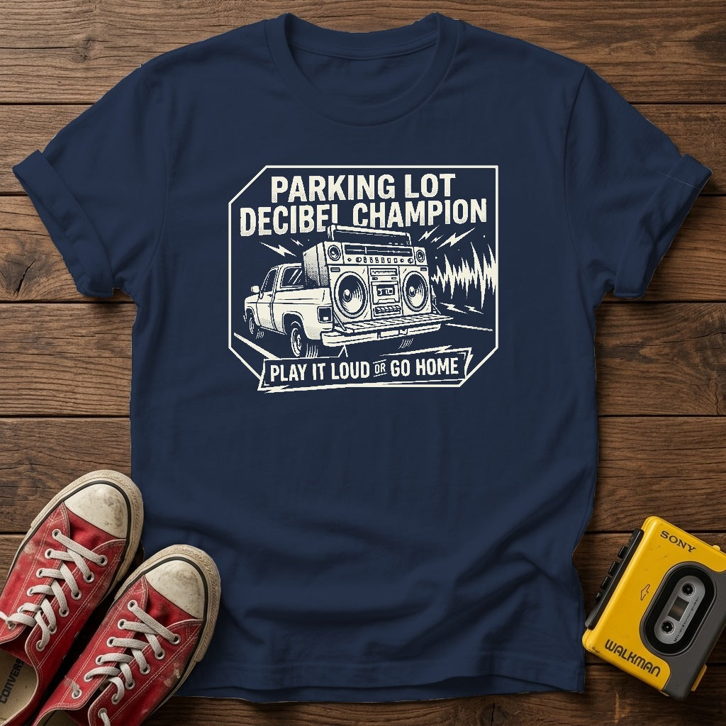 Parking Lot Disciple Champion T-Shirt — Navy wood flat-lay