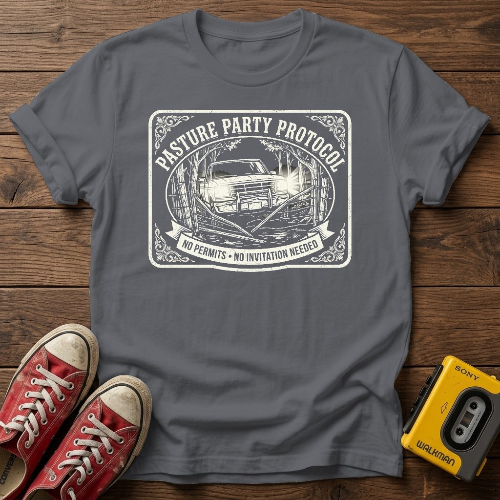 Pasture Party Protocol Graphic T‑Shirt — Charcoal wood flat-lay