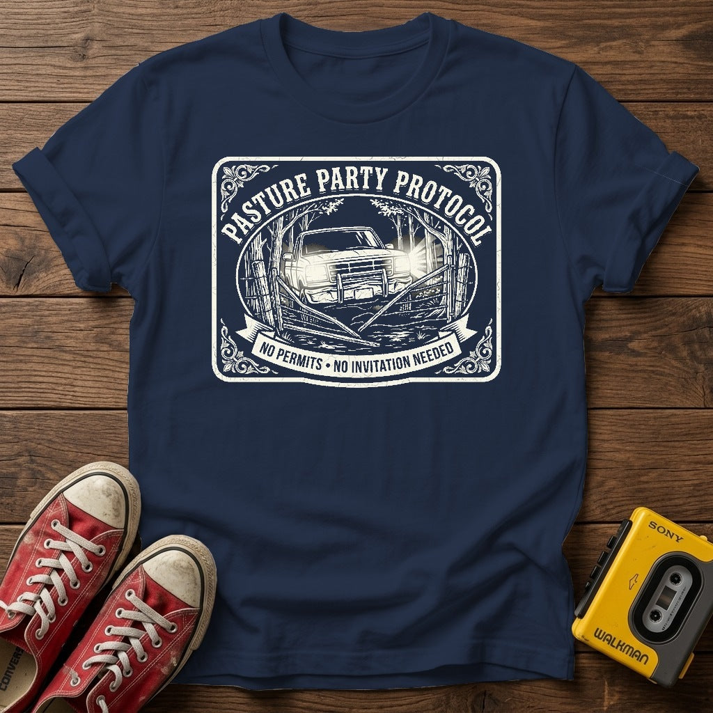 Pasture Party Protocol Graphic T‑Shirt — Navy wood flat-lay