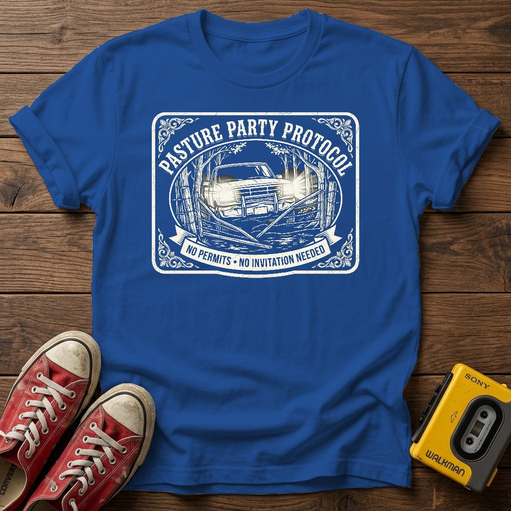 Pasture Party Protocol Graphic T‑Shirt — Royal wood flat-lay