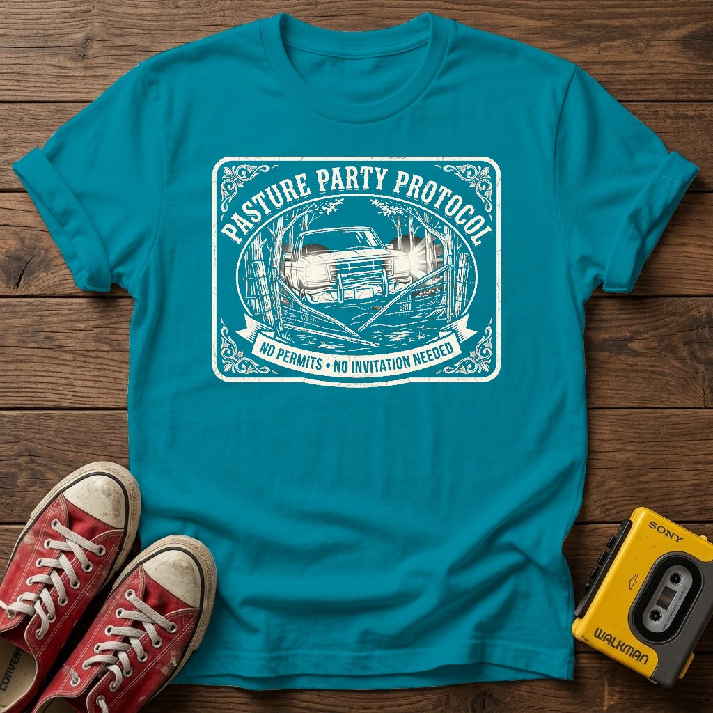 Pasture Party Protocol Graphic T‑Shirt — Tropical Blue wood flat-lay