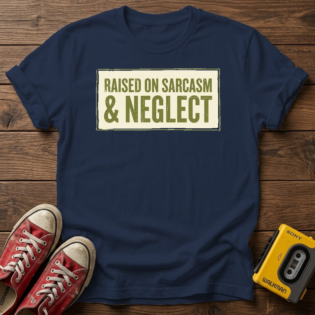 Raised on Sarcasm & Neglect T-Shirt — Navy wood flat-lay