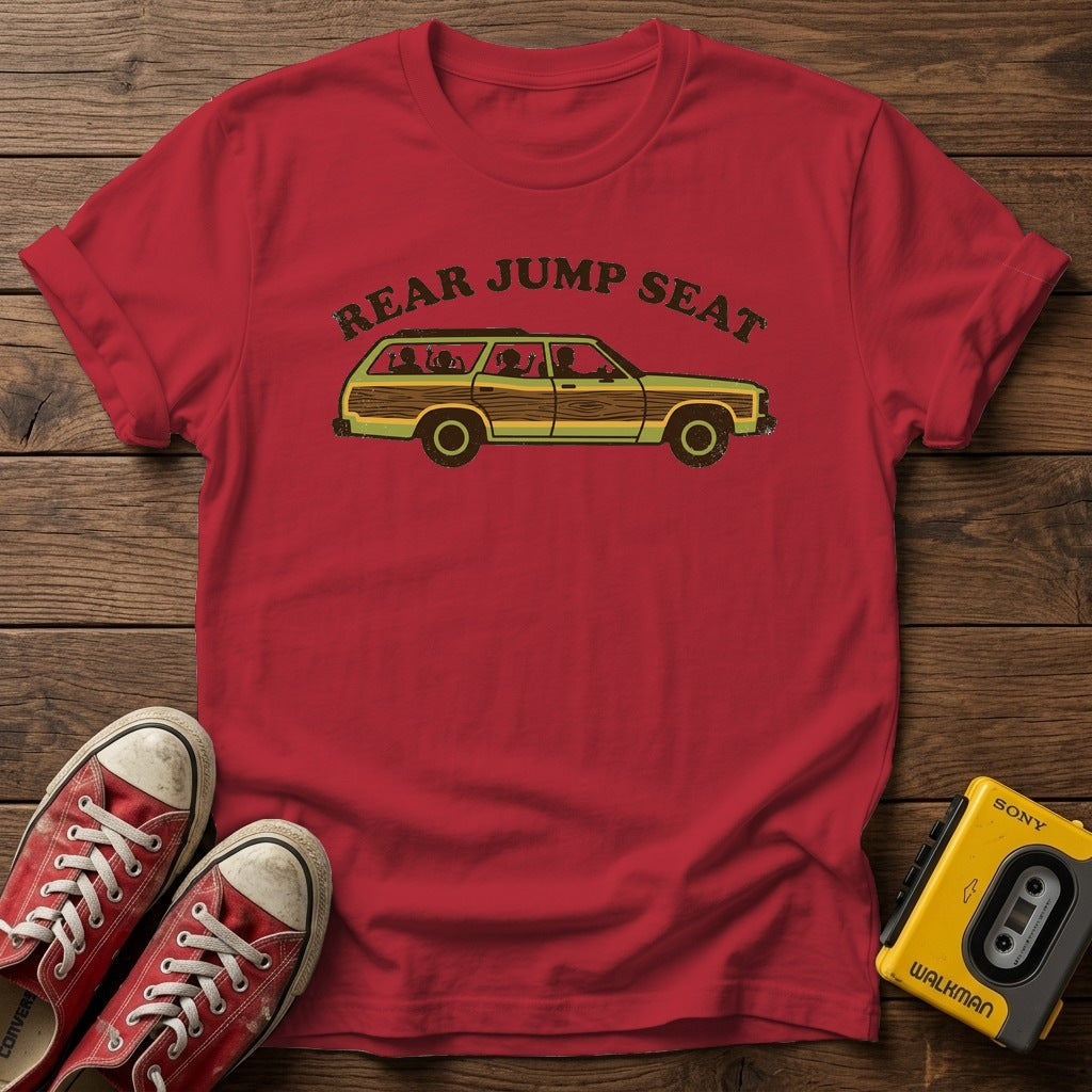 Rear Jump Seat T-Shirt — Cherry Red wood flat-lay