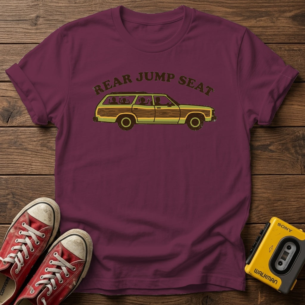 Rear Jump Seat T-Shirt — Heather Maroon wood flat-lay
