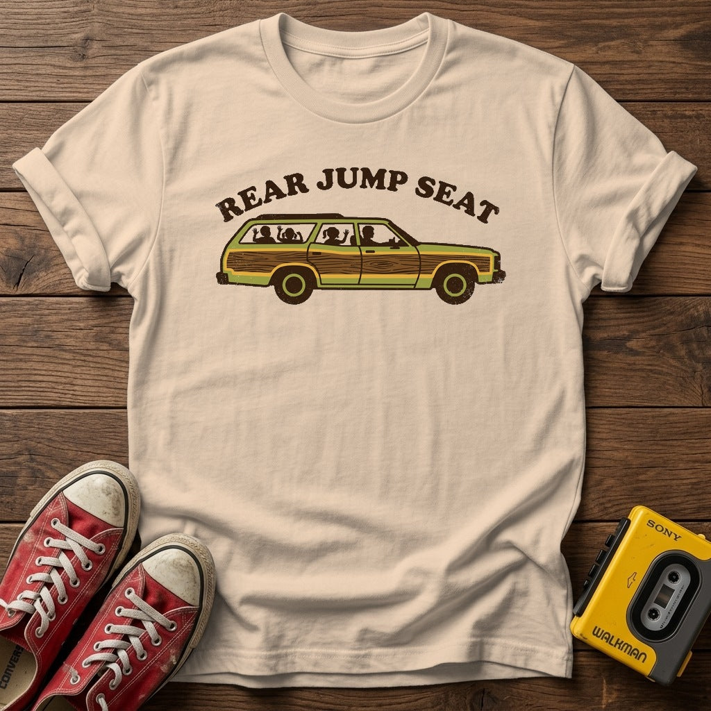 Rear Jump Seat T-Shirt — Natural wood flat-lay
