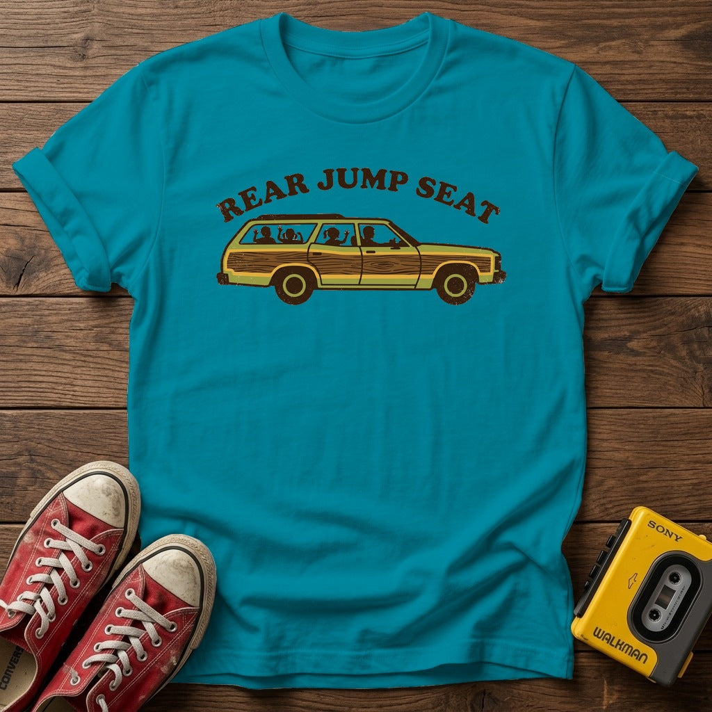 Rear Jump Seat T-Shirt — Tropical Blue wood flat-lay