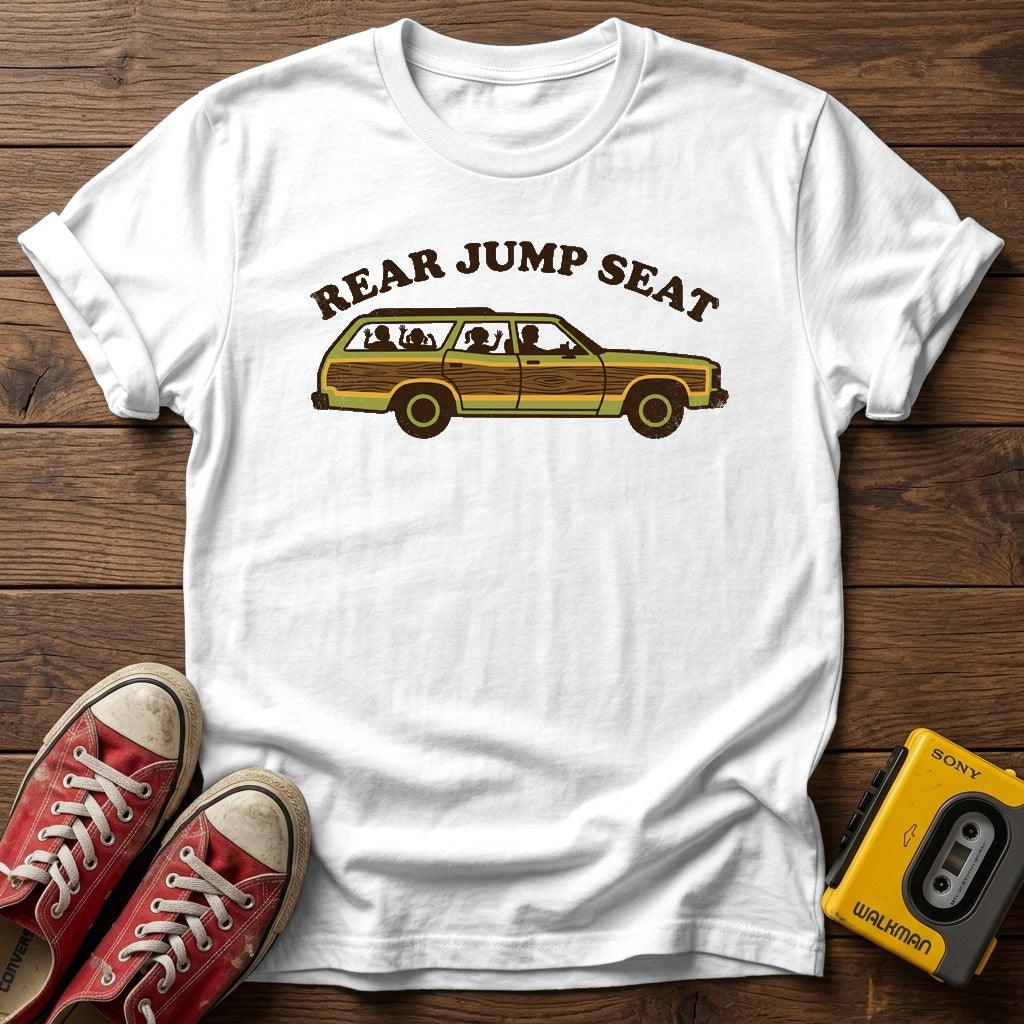 Rear Jump Seat T-Shirt — White wood flat-lay