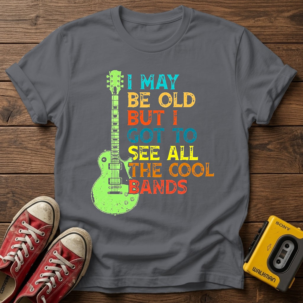 Retro Guitar T-Shirt — Charcoal wood flat-lay