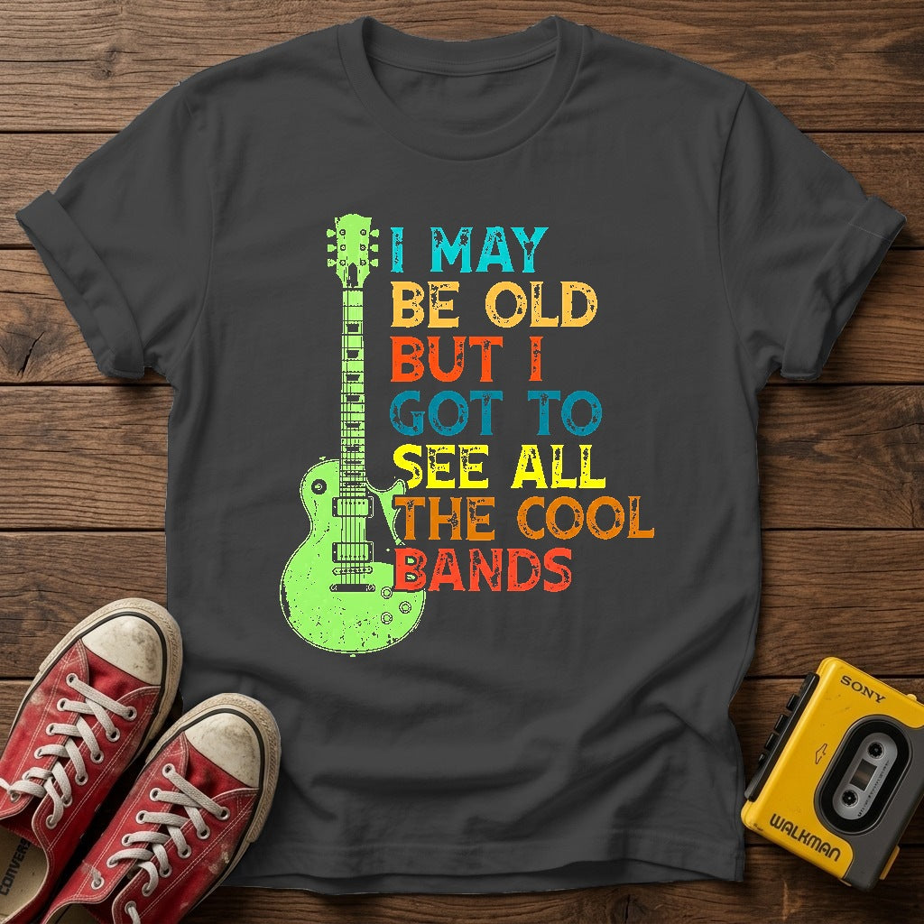 Retro Guitar T-Shirt — Dark Heather wood flat-lay