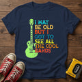 Retro Guitar T-Shirt — Navy wood flat-lay