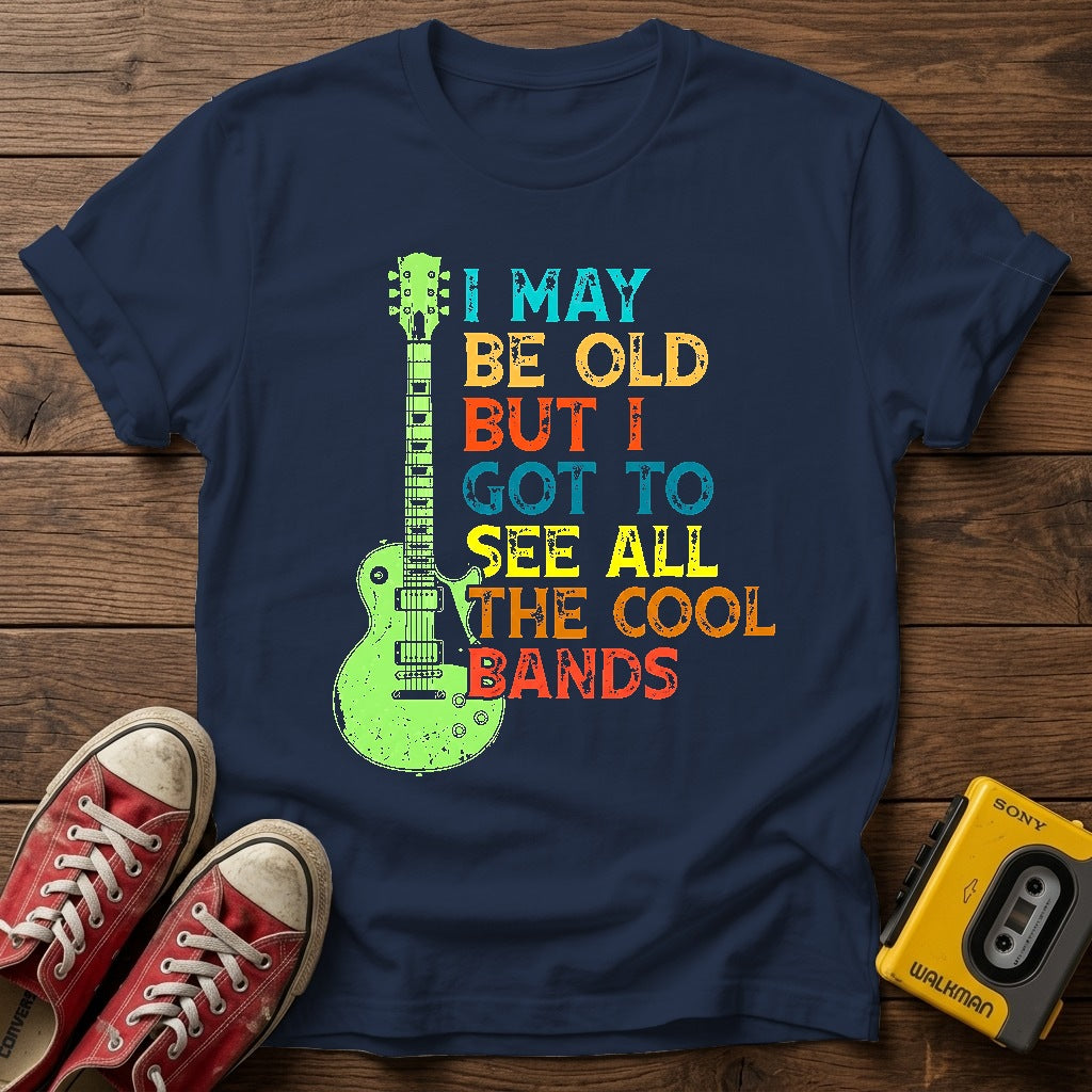 Retro Guitar T-Shirt — Navy wood flat-lay