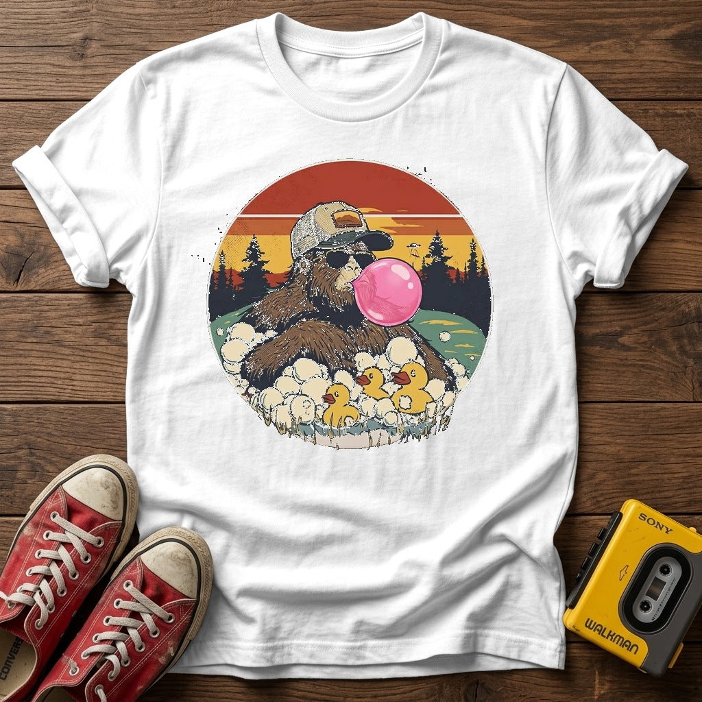 Retro Sloth Bubblegum T-Shirt — White wood flat-lay