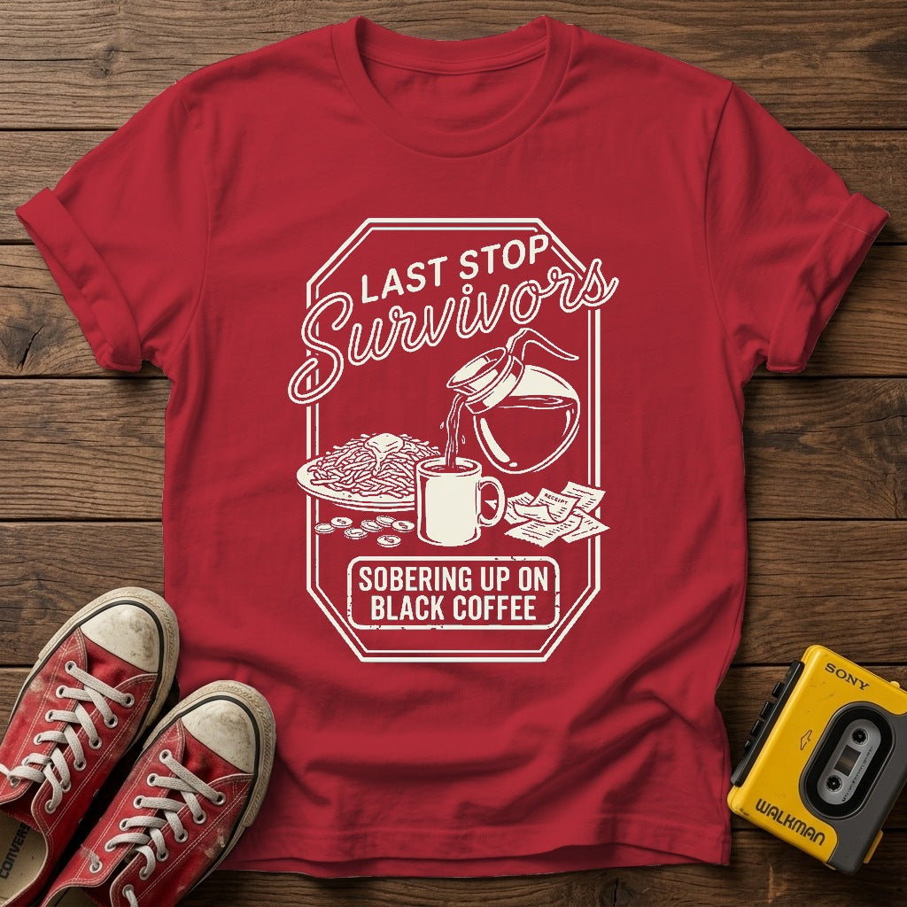 Survival Snacks Graphic T-Shirt — Cherry Red wood flat-lay