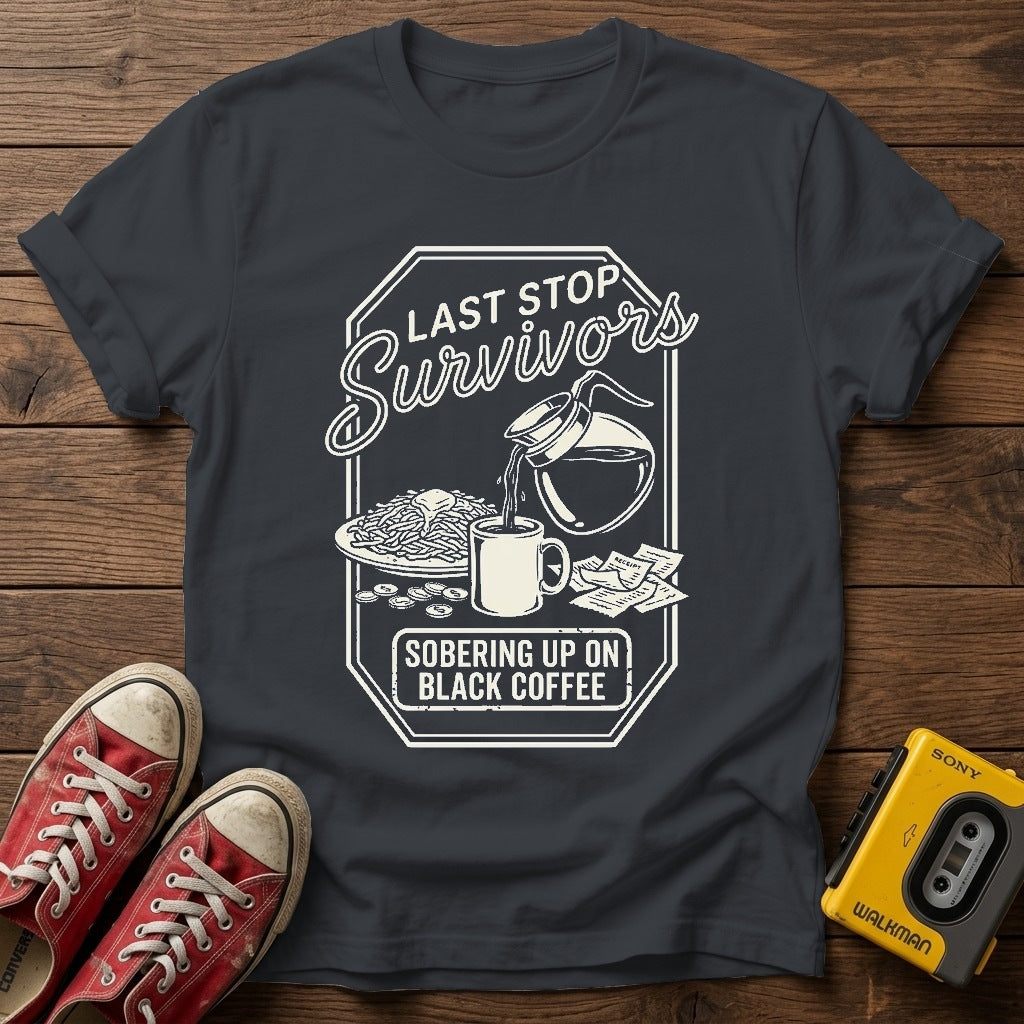 Survival Snacks Graphic T-Shirt — Dark Heather Grey wood flat-lay