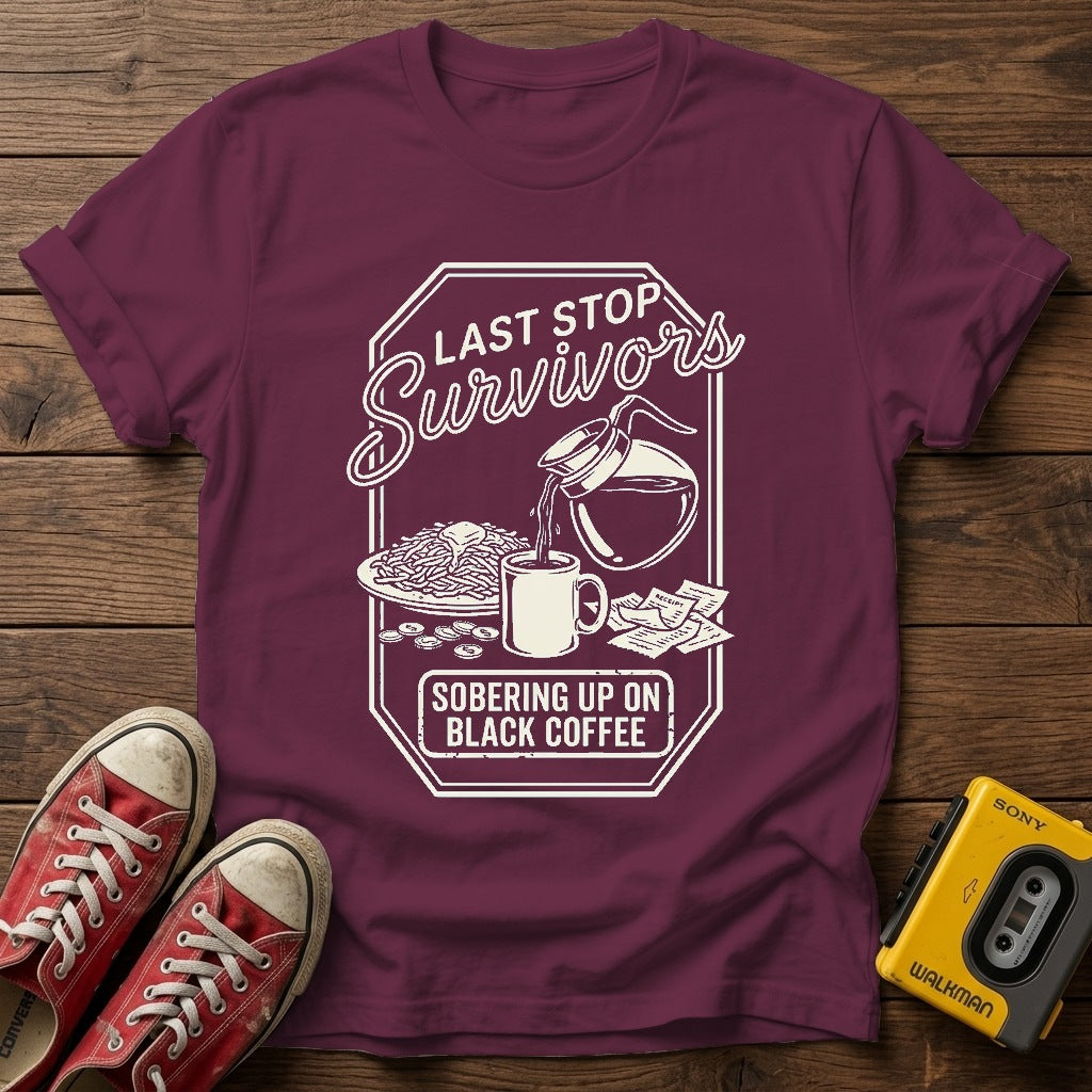 Survival Snacks Graphic T-Shirt — Heather Maroon wood flat-lay