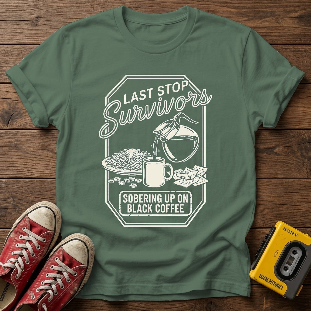 Survival Snacks Graphic T-Shirt — Military Green wood flat-lay
