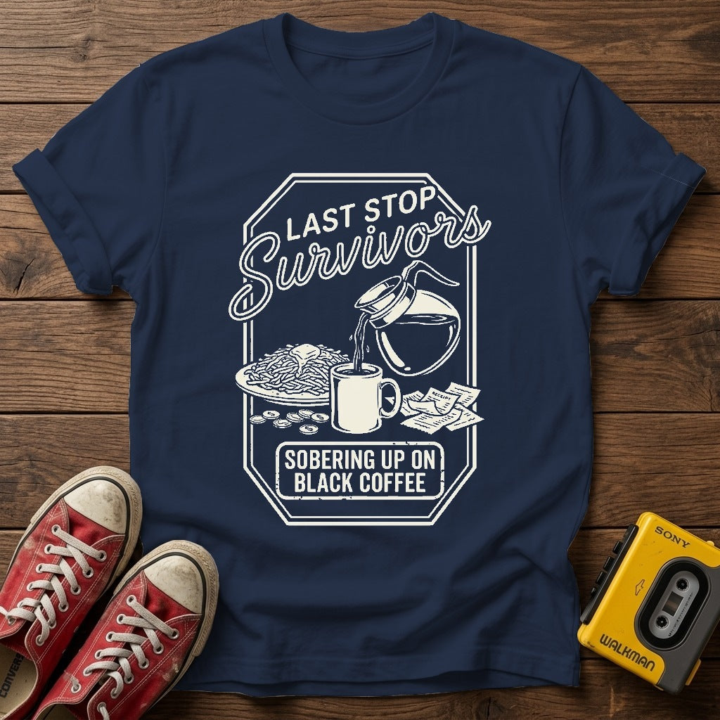 Survival Snacks Graphic T-Shirt — Navy wood flat-lay