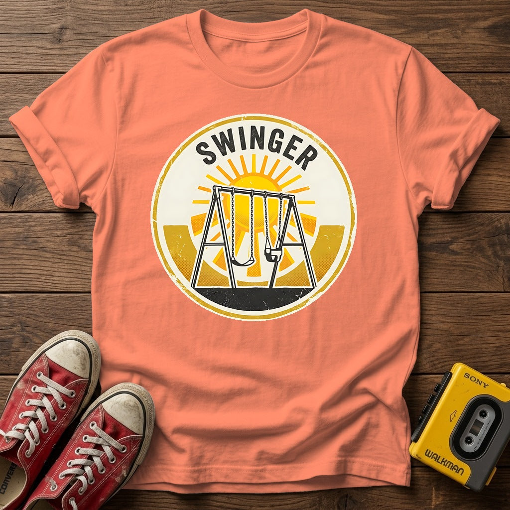 Swinger Swing Set T-Shirt — Heather Orange wood flat-lay