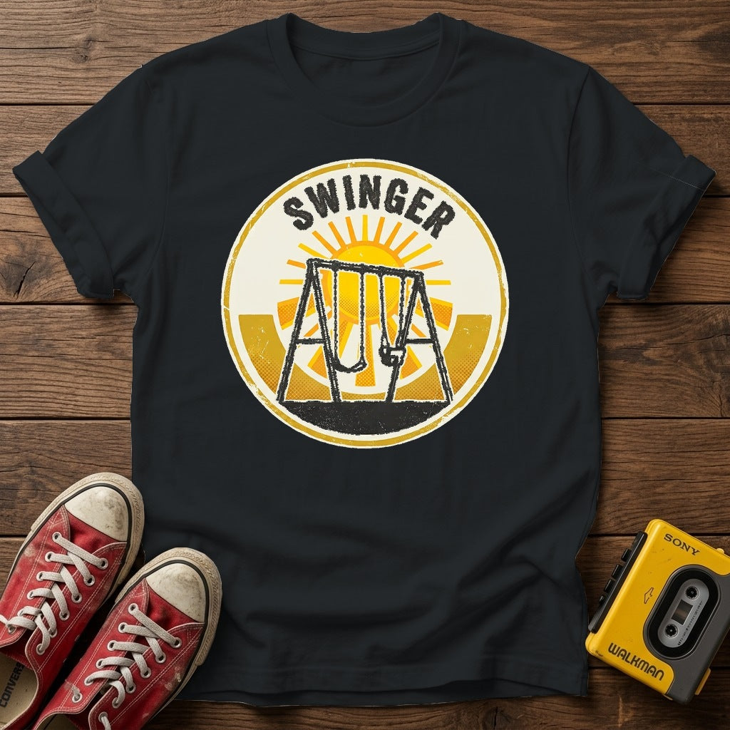 Swinger Swing Set T-Shirt — Black wood flat-lay