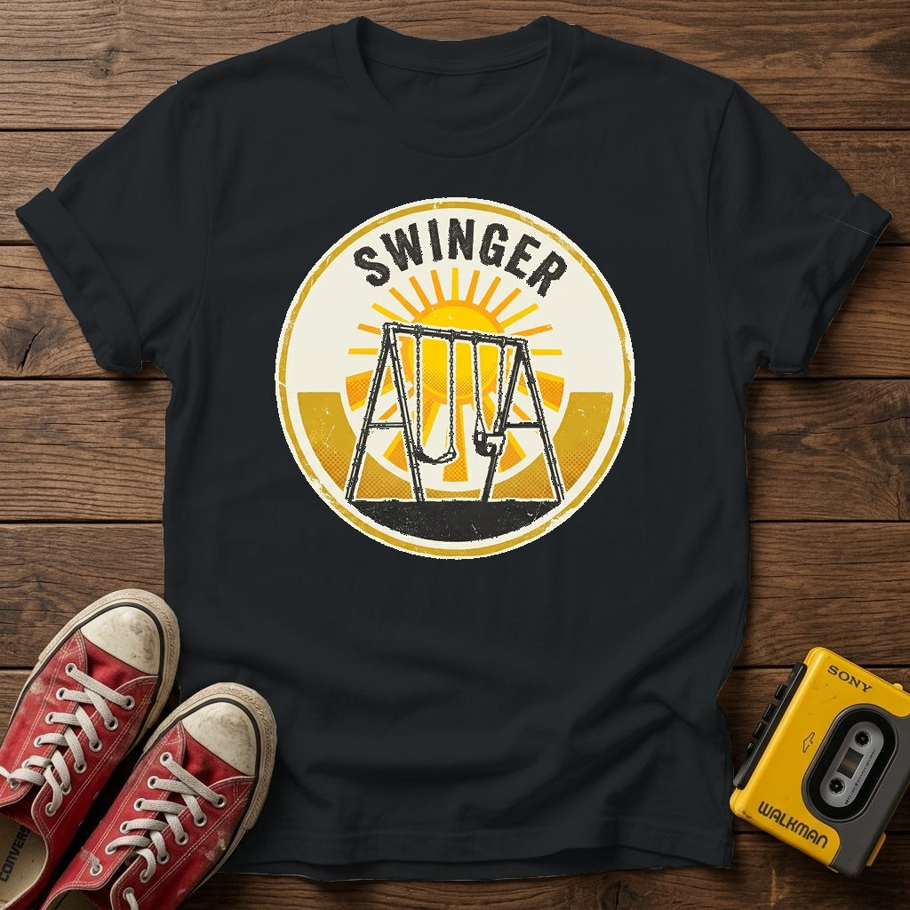 Swinger Swing Set T-Shirt — Black wood flat-lay