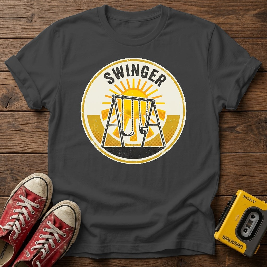Swinger Swing Set T-Shirt — Dark Heather wood flat-lay