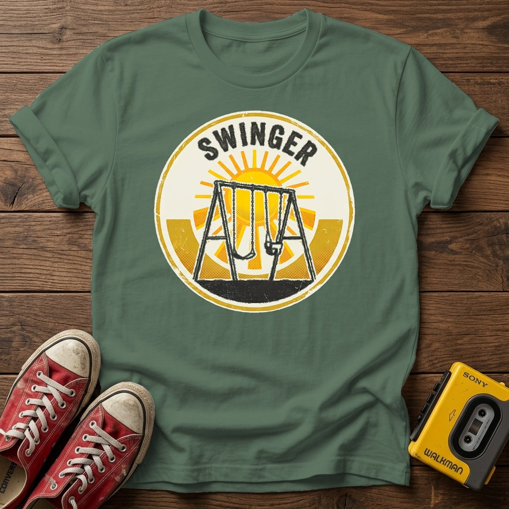 Swinger Swing Set T-Shirt — Military Green wood flat-lay