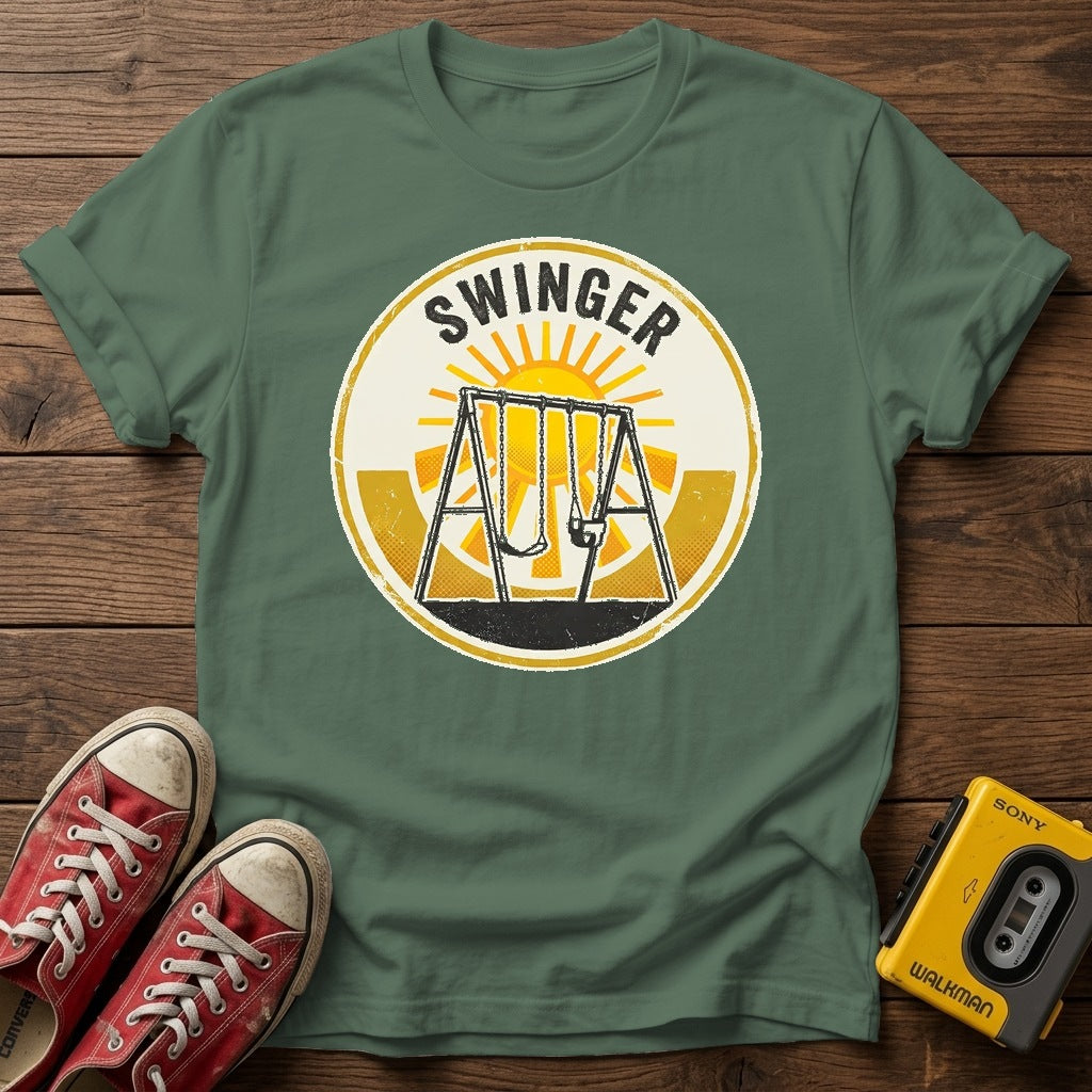 Swinger Swing Set T-Shirt — Military Green wood flat-lay