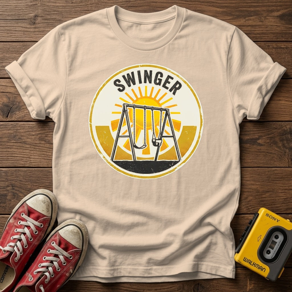 Swinger Swing Set T-Shirt — Natural wood flat-lay