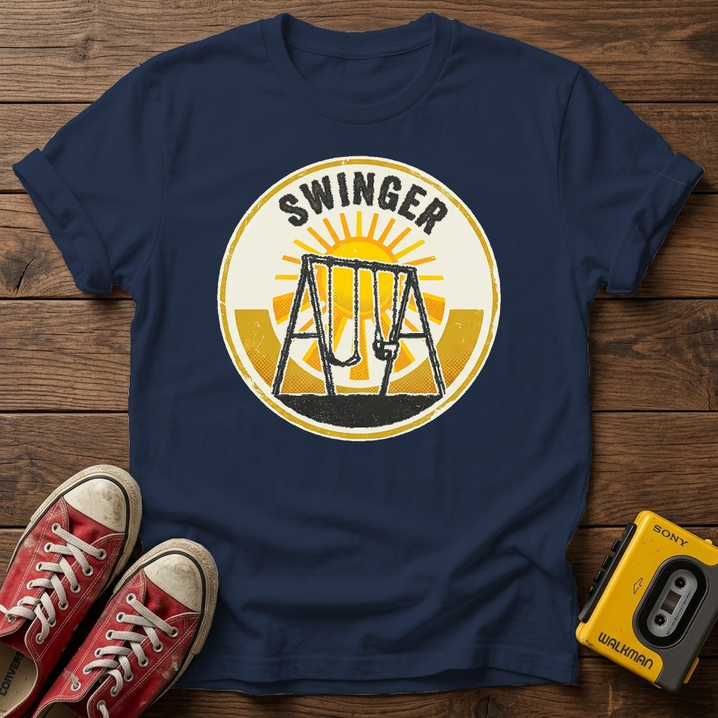 Swinger Swing Set T-Shirt — Navy wood flat-lay