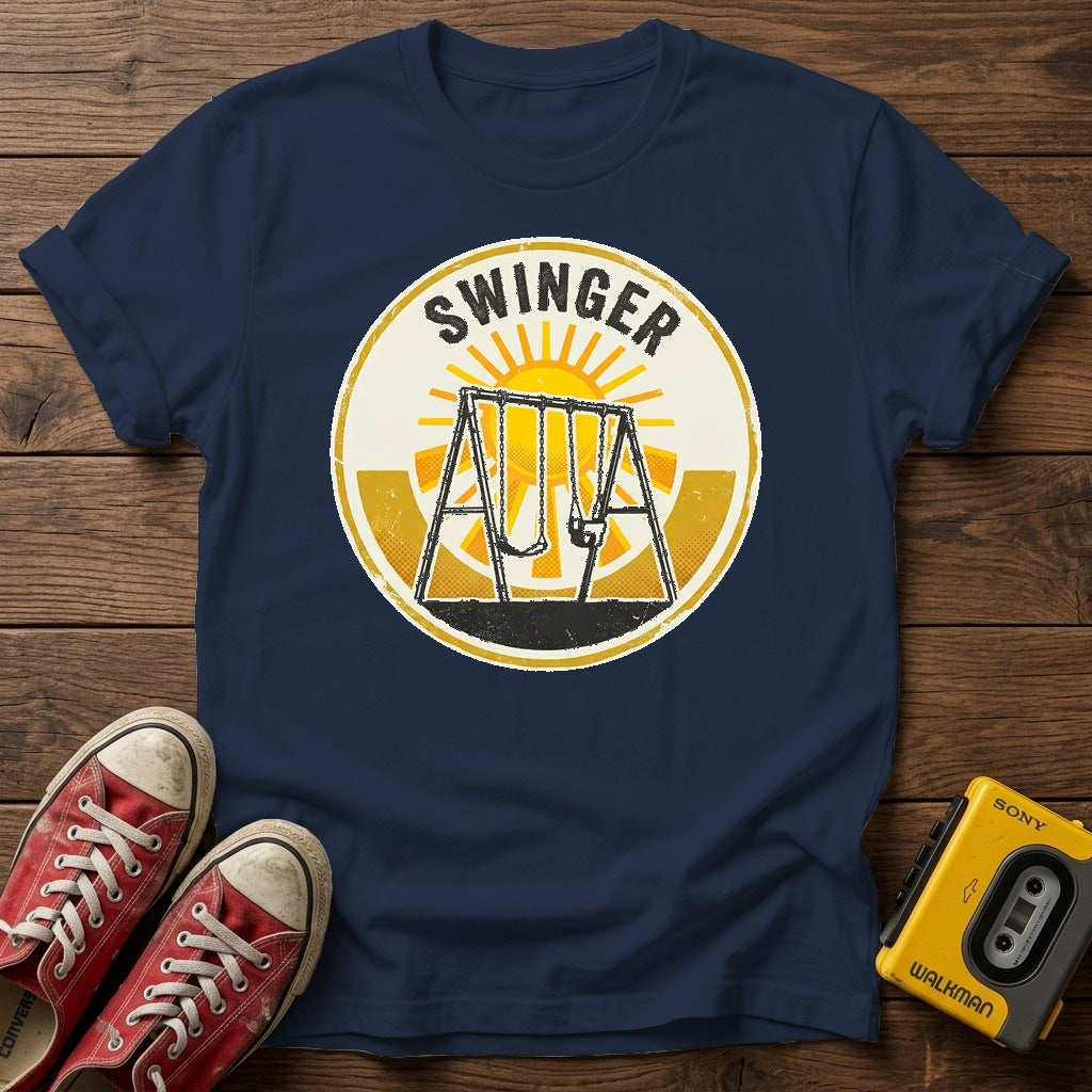 Swinger Swing Set T-Shirt — Navy wood flat-lay