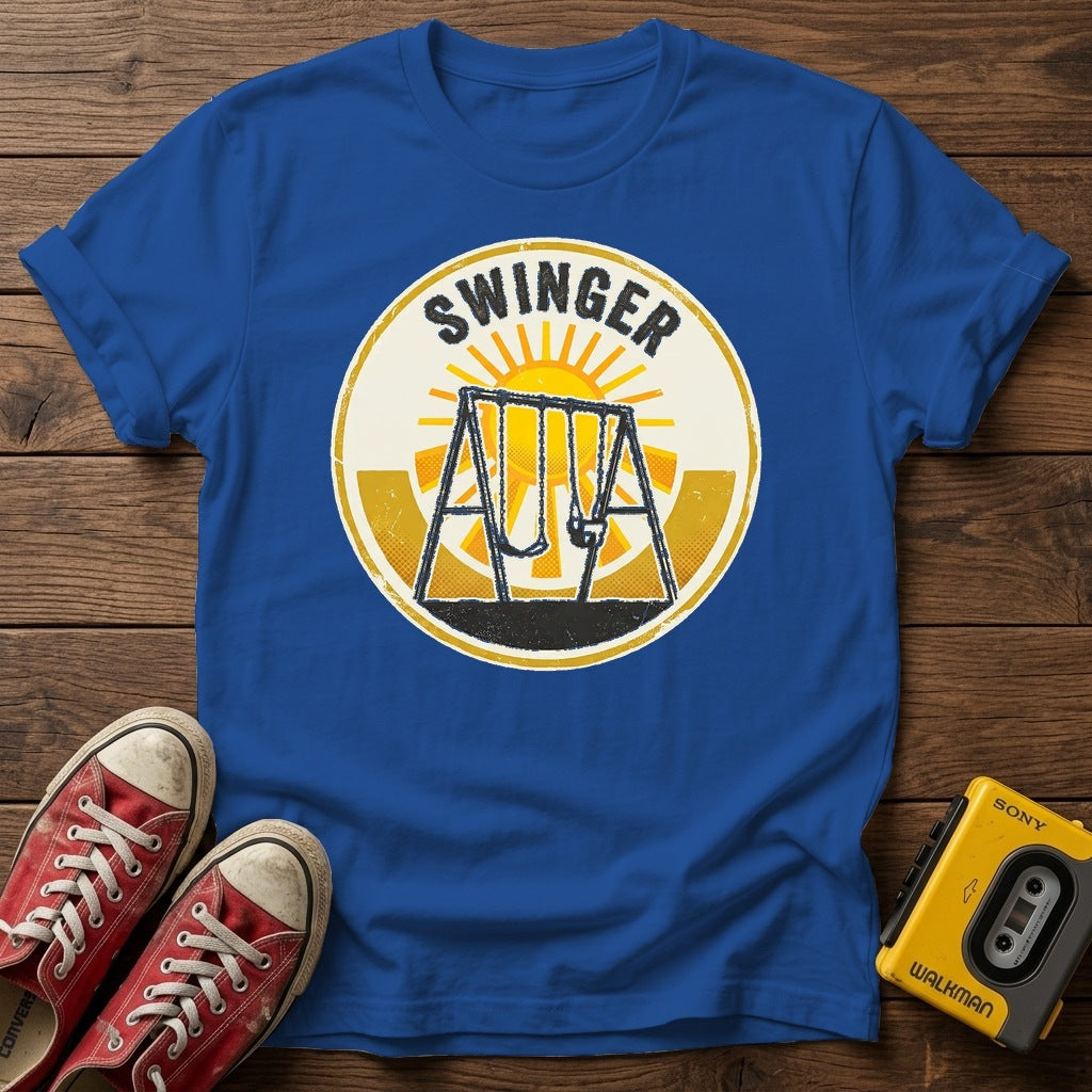 Swinger Swing Set T-Shirt — Royal wood flat-lay