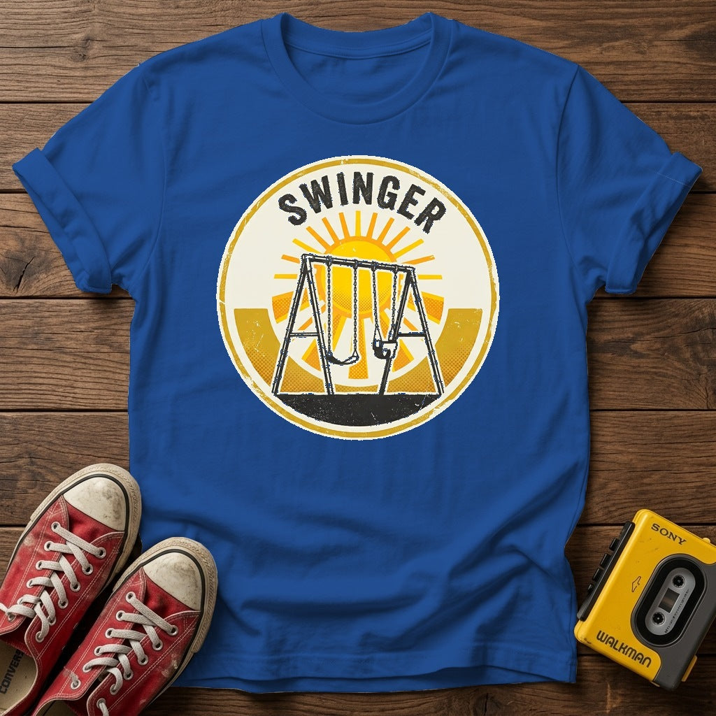 Swinger Swing Set T-Shirt — Royal wood flat-lay