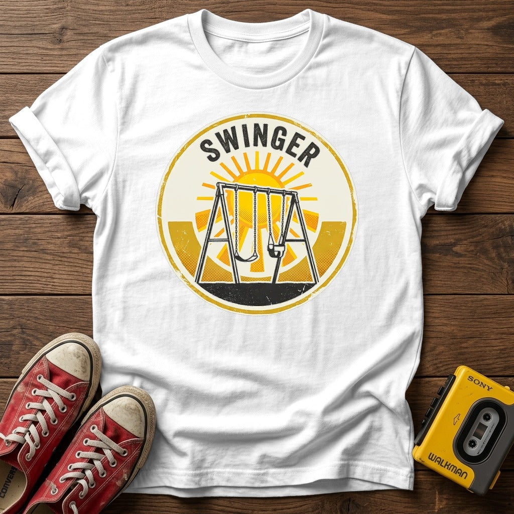 Swinger Swing Set T-Shirt — White wood flat-lay