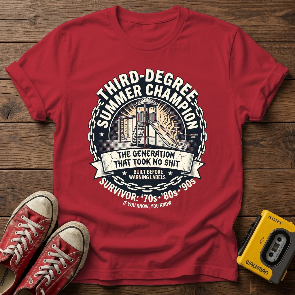 Third Degree Summer Champion T-Shirt — Cherry Red wood flat-lay