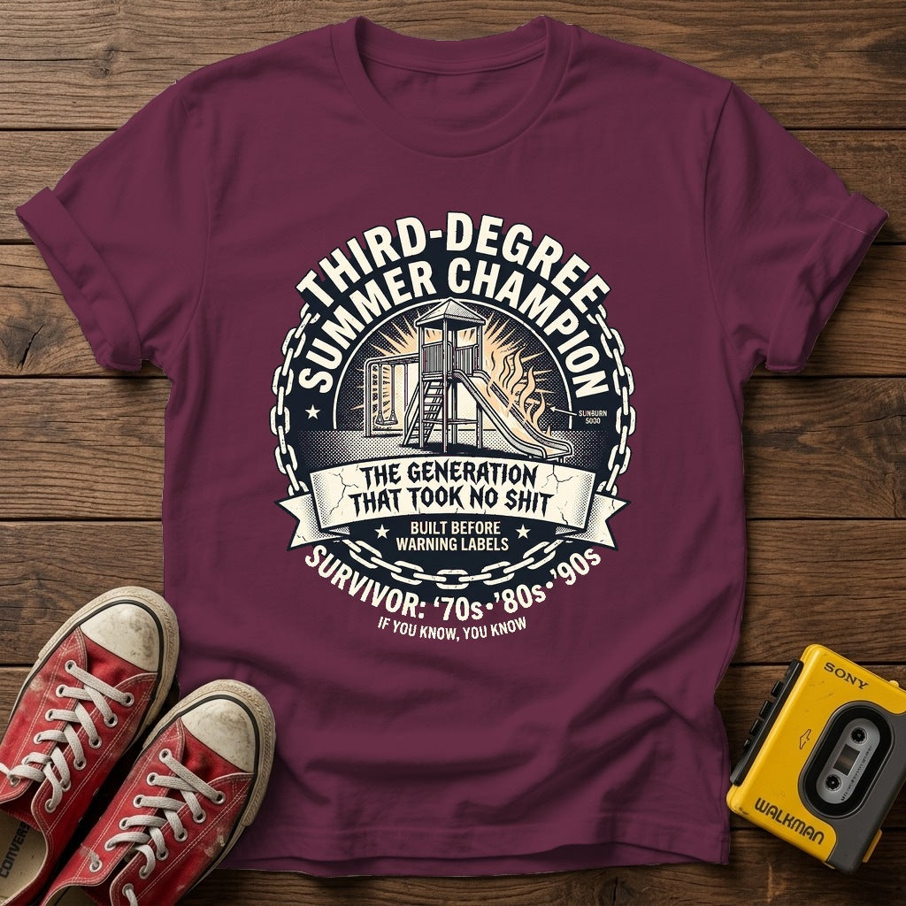 Third Degree Summer Champion T-Shirt — Heather Maroon wood flat-lay