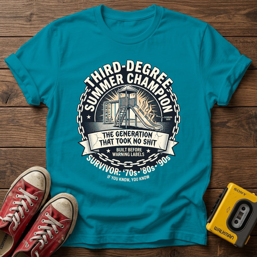 Third Degree Summer Champion T-Shirt — Tropical Blue wood flat-lay