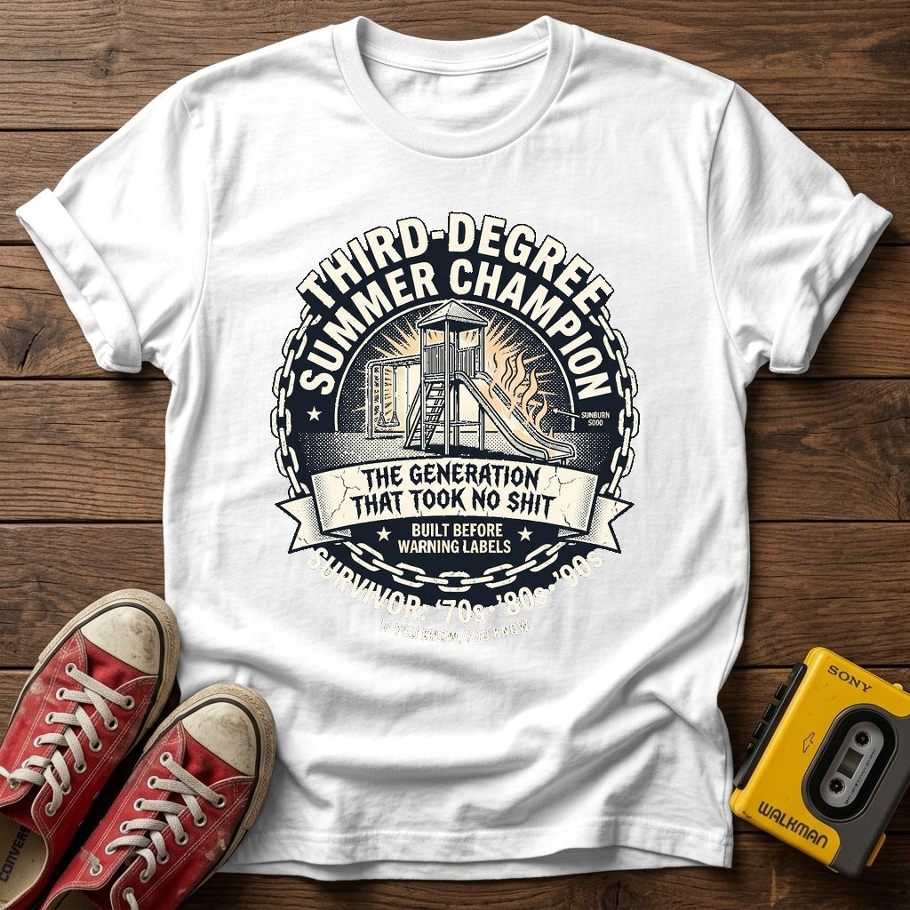 Third Degree Summer Champion T-Shirt — White wood flat-lay