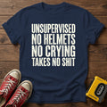 "Unsupervised No Helmets No Crying Takes No Shit" T-Shirt — Navy wood flat-lay
