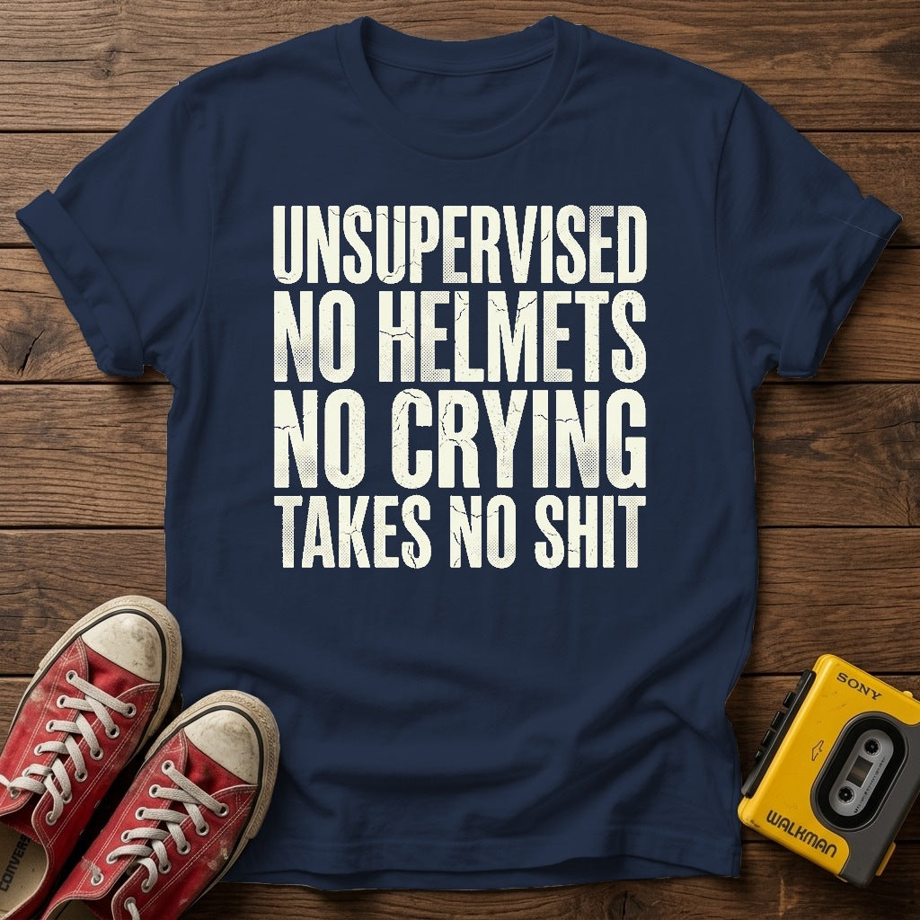 "Unsupervised No Helmets No Crying Takes No Shit" T-Shirt — Navy wood flat-lay