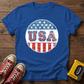 USA Distressed Flag T-Shirt — Royal wood flat-lay
